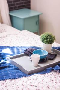 a tray with a bowl and cups on a bed at Apartament PREMIUM Inga in Poronin