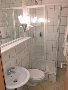 a bathroom with a toilet, sink, and shower at Hotel Scheid in Schriesheim