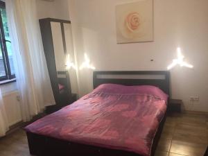 um quarto com uma cama com um cobertor vermelho em Spa-ul Schiorilor em Predeal
