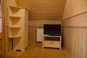 Kleines Zimmer mit einem TV an einer Holzwand in der Unterkunft Happy in Jaremtsche