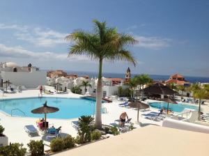 a view of the pool at a resort with a palm tree at Adeje Paradise Apartments in Adeje