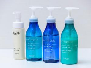 a group of four bottles of blue water at Hotel Abest Naha Kokusai Street in Naha