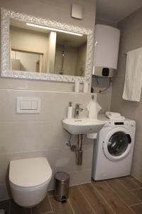 y baño con lavadora y lavamanos. en Elegant central Apt Maribor w/Parking en Maribor