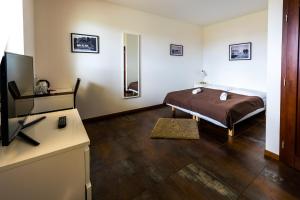 a bedroom with a bed and a flat screen tv at Restaurace&Rooms Na Jitrách in Semice