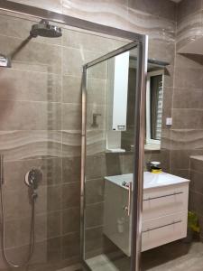a bathroom with a shower with a sink and a mirror at Altstadt von Budva in Budva