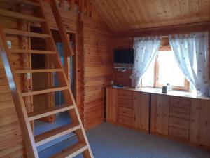 a room with a desk and a ladder in a cabin at Tannenzapfen in Kratzeburg