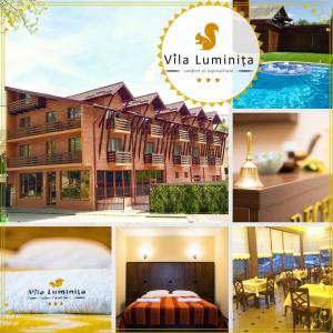 een collage van foto's van een hotel met een hotel bij Vila Luminita in Sîngeorz-Băi