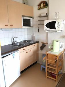 a small kitchen with a sink and a microwave at Studio 6 personnes, Les Fontettes 2, La Joue du loup in La Joue du Loup
