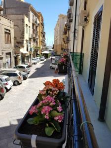 a balcony with some flowers on a city street at Arco del Sole in Palermo
