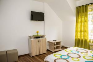 mały pokój z łóżkiem i telewizorem w obiekcie Pensiune Ștefania w mieście Hunedoara