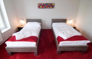 two twin beds in a room with red carpet at Hotel Olympia in Kopřivnice