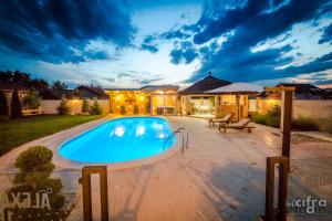 a swimming pool in the backyard of a house at night at Vila Alexandar 15 in Bački Petrovac