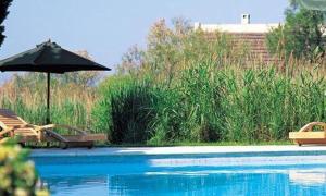 a swimming pool with an umbrella and chairs and a table at Mangio Fango Hotel et Spa in Saintes-Maries-de-la-Mer