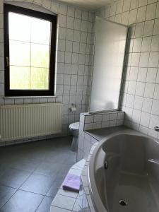 baño con bañera, aseo y ventana en Pension Bennelliebschänke en Seiffen