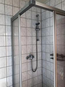 a shower with a shower head in a bathroom at Pension Bennelliebschänke in Seiffen