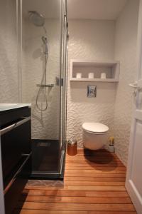 Un baño con inodoro y ducha de cristal. en La Cabane du Bois, en Arcachon 9 fotos más