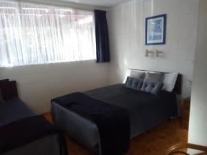 勒溫的住宿－Redwood Lodge Motel，一间卧室设有一张床和一个窗口