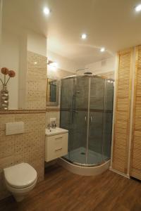 a bathroom with a shower and a toilet and a sink at KGHN Apartments Wyszyńskiego in Szczecin