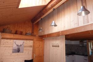 a kitchen with wooden walls and a ceiling with lights at Le Roselend in Sainte-Foy-Tarentaise