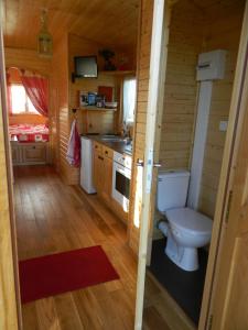 - une salle de bains avec toilettes dans une cabane en rondins dans l'établissement La Canfouine, à Lamballe