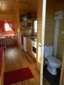 a bathroom with a toilet in a log cabin at La Canfouine in Lamballe