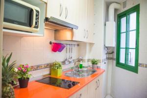 cocina con fregadero y microondas en 4Seasons La Rosaleda Apartment en Málaga