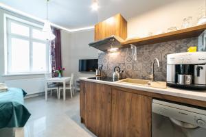 a kitchen with a sink and a counter top at Apartamenty Wrona | Wrona Apartments in Krakow