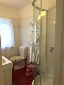 a bathroom with a toilet and a glass shower at Casa Isabella in Riva San Vitale