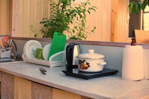 a counter top with a coffee maker and dishes at Veranda in Karolino-Buhaz