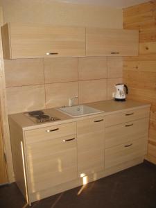 uma cozinha com um lavatório e uma bancada em Jūra em Ventspils
