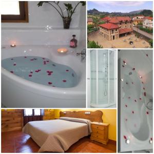 un collage de fotos de una bañera con corazones. en Posada Casa Rosalia, en Sámano
