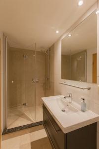 Un baño con lavabo y ducha de cristal. en Löwen Hotel & Restaurant, en Wendlingen am Neckar 29 fotos más