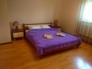 - une chambre avec un lit violet et 2 serviettes dans l'établissement Hotel Andreevsky, à Vinnytsia