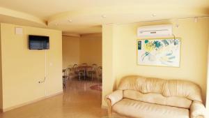 a living room with a couch and a television at Vila Flavia in Costinesti