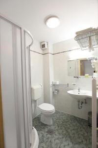 La salle de bains est pourvue de toilettes et d'un lavabo. dans l'établissement Penzion Kmečki Hram, à Ljubljana