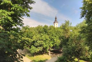 a building with a clock tower behind some trees at Apartment in the center of old town in Kamianets-Podilskyi