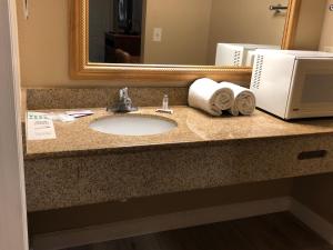 a bathroom counter with a sink and a mirror at Valley Inn in Watsonville