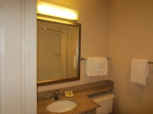 a bathroom with a sink and a mirror and a toilet at Old Town Inn in San Diego