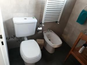 Baño pequeño con aseo y lavamanos en Departamento Meliades en El Bolsón