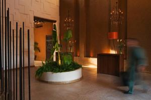 eine Person, die mit einer Pflanze durch eine Lobby geht in der Unterkunft Hotel Les Cinq Djellabas in Douar Caïd Layadi + 27 Fotos