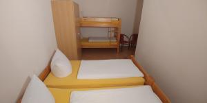 een kleine kamer met 2 bedden en een bureau bij Ferienwohnung Belisa in Burgau