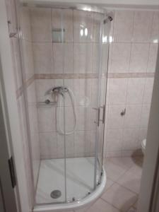 W łazience znajduje się prysznic ze szklanymi drzwiami. w obiekcie Artemida w Medulinie