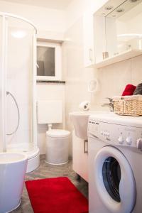 een badkamer met een wasmachine en een wastafel bij Lukovo Seafront Apartments in Lukovo