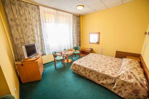 Habitación de hotel con cama, TV y mesa. en Hotel Rychło, en Bogatynia