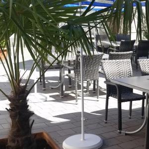 a patio with tables and chairs and a palm tree at Ferienwohnungen & Monteurunterkunft "Mainbogen-Blick" in Untereuerheim