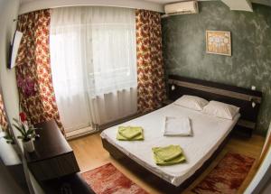 a small bedroom with a bed and a window at Vila Raluca in Eforie Nord