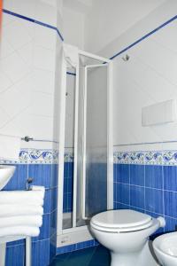 a blue and white bathroom with a toilet and a shower at Hotel Amyclae in Sperlonga