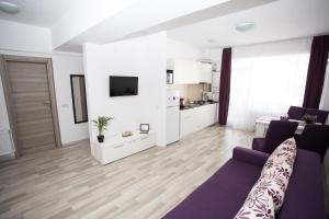 ママイアにあるDeea Apartment Mamaia Nordの紫色のソファ付きのリビングルーム、キッチンが備わります。