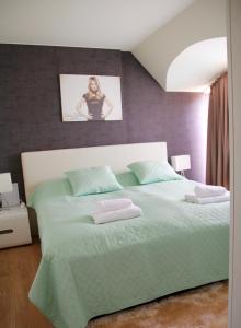 ケヒダクスタニーにあるHévíz Springs - Kehidakustányのベッドルーム1室(緑色のベッド1台、枕2つ付)