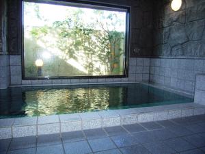 een zwembad met water in een badkamer met een raam bij Hotel Route-Inn Nakano in Nakano